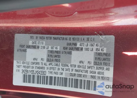 2018 Mazda Mazda3 Grand Touring z USA, uszkodzony, nr VIN 3MZBN1M35JM243383